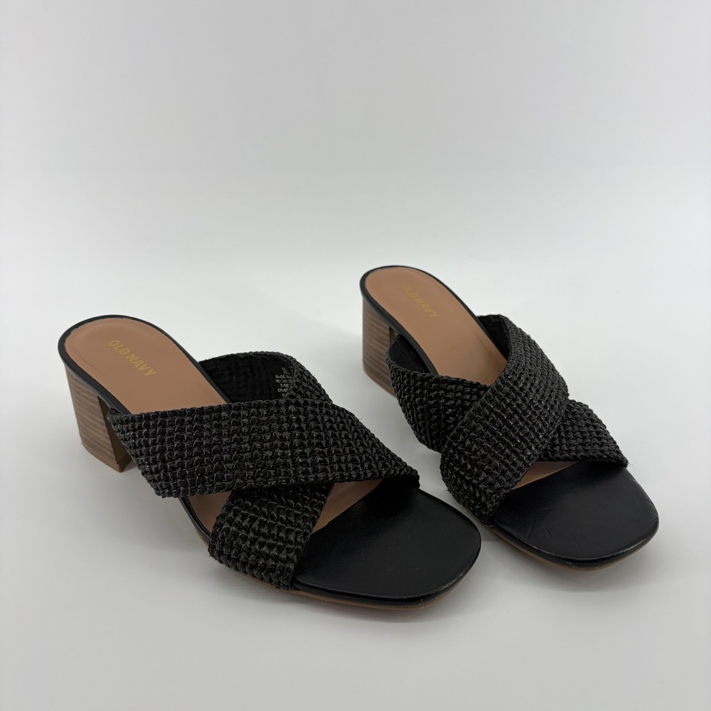 Old‎ Navy Women Black Woven Crossband Block Heel Slide Sandals Shoes Size 8.5